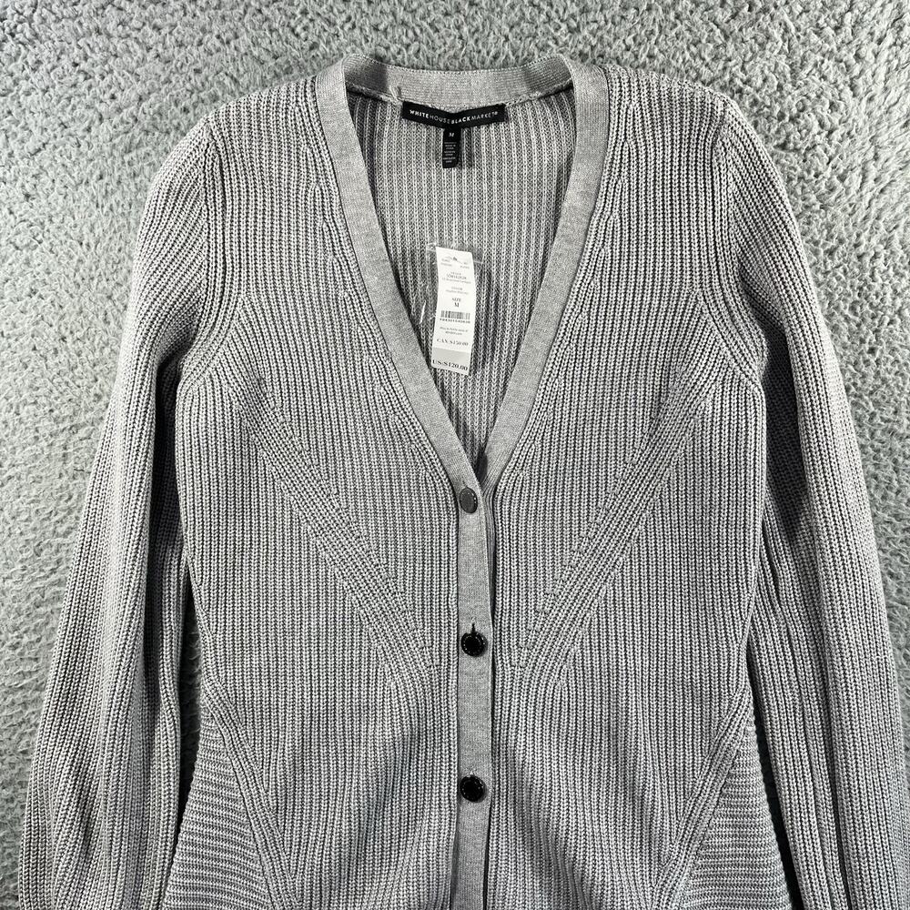 White House Black Market Structured Cardigan M Heather Mercury Grey Ribbed NWT - Picture 4 of 10